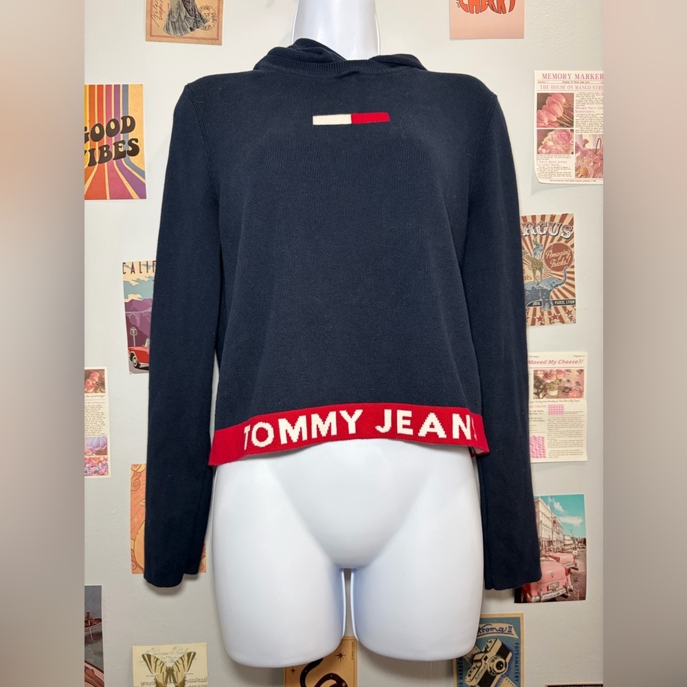 Tommy Hilfiger Black Hooded Crop Sweatshirt with Red Logo Trim